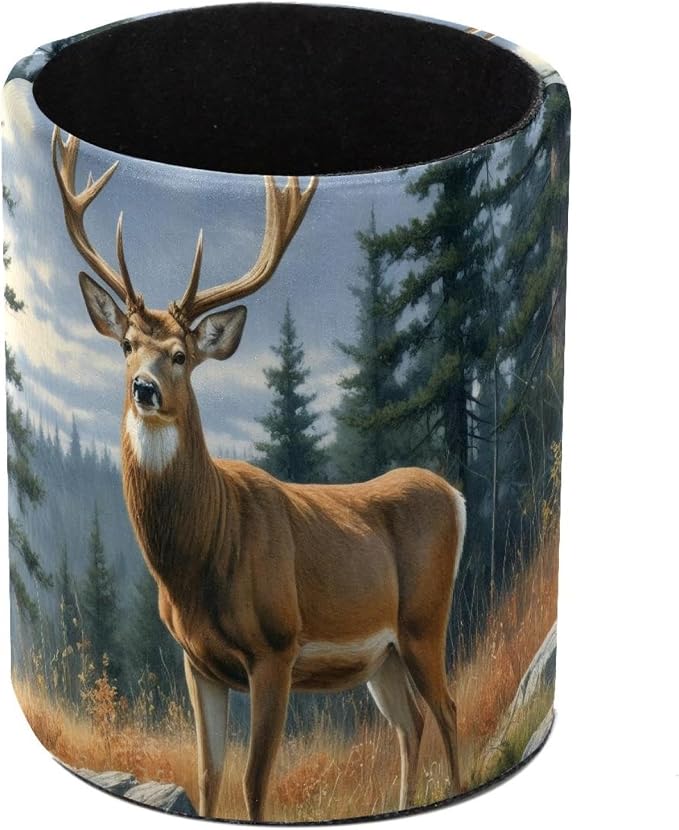 Pen Pencil Holder for Desk, Forest Deer Makeup Brush Holders Leather Pen Organizer Pencil Caddy for Office Home Art Supply