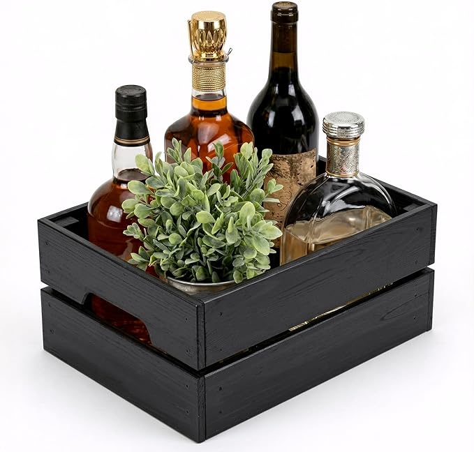 WOPITUES Wooden Crate,Wood Crates for Storage,Stackable Storage Bins and Pantry Organizers with Handles,Pantry Baskets,Wooden Box for Pantry,Kitchen,Garden,Garage,Display, Black