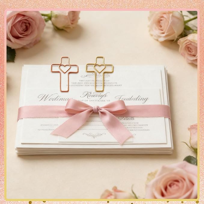 100 PCS Heart Cross Paper Clips for Bible Study Supplies,Christian Gifts,Jesus Bible Stuff Bookmark journaling Supplies Accessories, Easter Eggs fillers, Teacher Gifts (Gold and Rose)