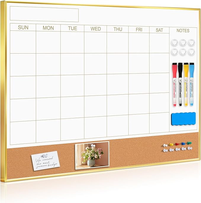 Dry Erase Calendar Whiteboard for Wall, 24'' x 18'' Monthly White Board Planner with Gold Frame and Corkboard, Magnetic Hanging Wipe Board for Home Office School Dorm