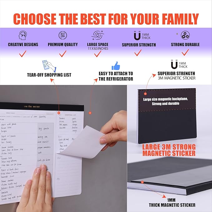 Weekly Meal Planner with Recipes and Grocery List Magnetic Notepad For Fridge - 8.5x11'' Menu Planning Pad With 54 Sheets Tear Off Shopping List For Family Dinner Menu and Meal Prep Planning