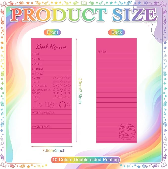 100 Pcs Colorful Book Review Bookmarks Book Marker Reading Log Bookish Gift for Readers Reading Page Markers to Review Tracker (Rainbow Color)