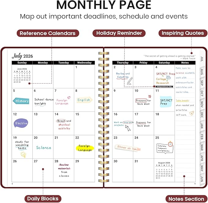 Planner 2026-2027 for Women & Men, Academic Monthly and Weekly Calendar Planner, Jul 2026 - Jun 2027, A4 (8.5" x 11"), Teacher Student Planning Book with Tabs, Ideal for Office School Supplies - Burgundy
