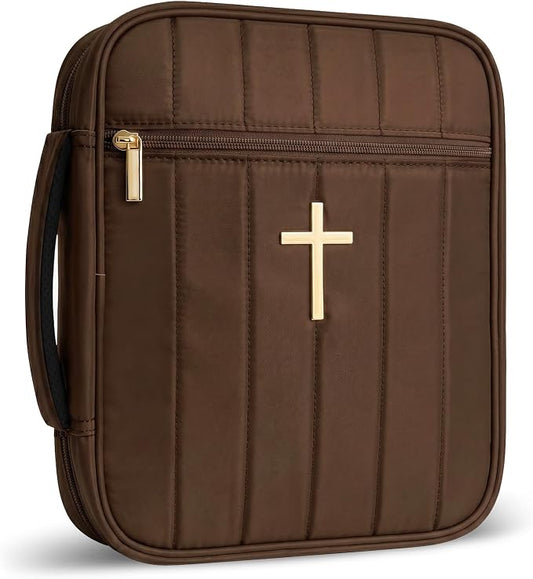 Wuflyover Bible Bag for Women, Quilted Bible Cover Case with Handle, Bible Carrying Case for Church and Bible Study, (Brown)