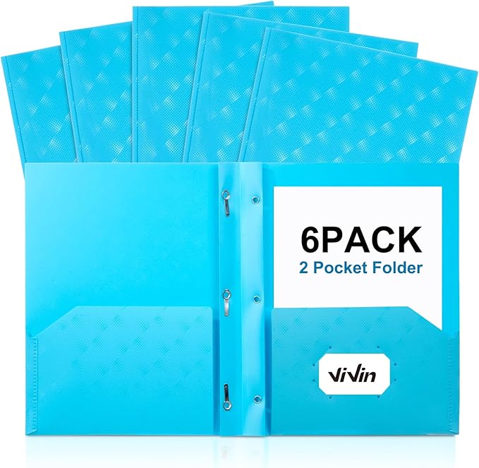 ViVin Plastic Folders with Pockets and Prongs,6 Pack,Heavy Duty 2-Pocket File Folder with 3 Fasteners,Fits Letter Size Paper,for School Home and Office(Bright Blue)