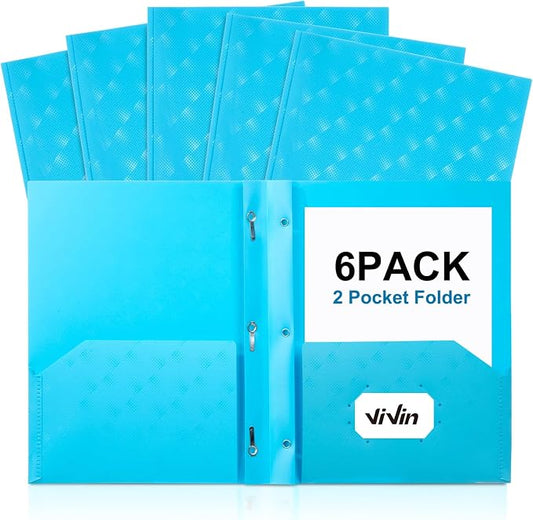 ViVin Plastic Folders with Pockets and Prongs,6 Pack,Heavy Duty 2-Pocket File Folder with 3 Fasteners,Fits Letter Size Paper,for School Home and Office(Bright Blue)