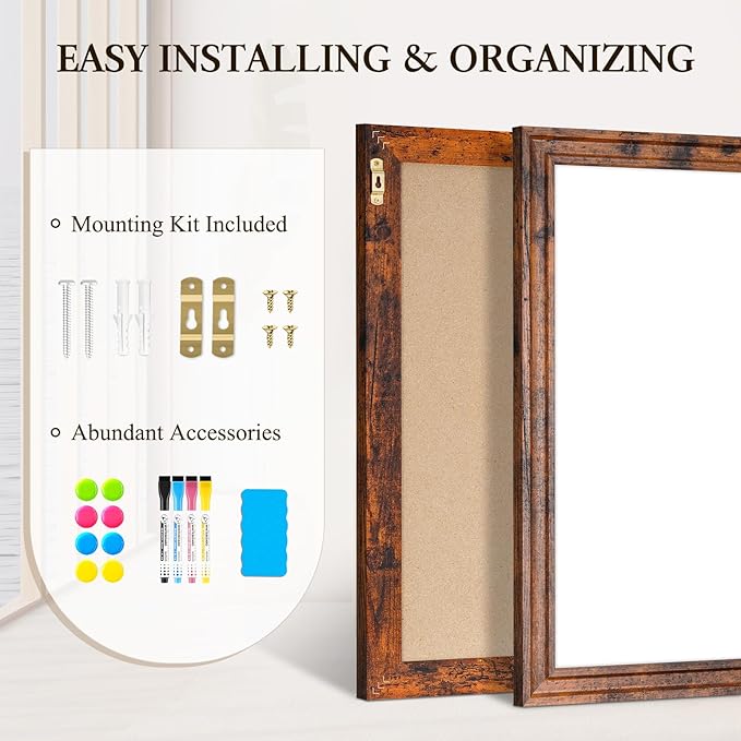 4 THOUGHT Dry Erase Board, 36" x 24" Magnetic Whiteboard Brown Vintage Wood Frame Wall-Mounted White Board Decorative Notice Board School, Office, Home, 8 Magnets 4 Markers 1 Eraser