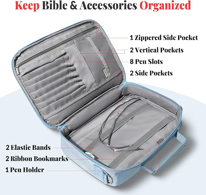SUNEE Bible Cover for Women, Large Bible Bag w/Shoulder Strap Carrying Book Case w/Pen Slots and Zippered Pocket, Gift for Women & Men, Blue