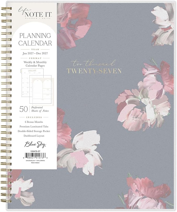Blue Sky Life Note It 2027 Weekly and Monthly Planner Notes, January 2027 - December 2027, 8.5" x 11", Flexible Cover, Durable Twin Wire Binding, Storage Pocket, 50 Perforated Notes Sheets, Leah