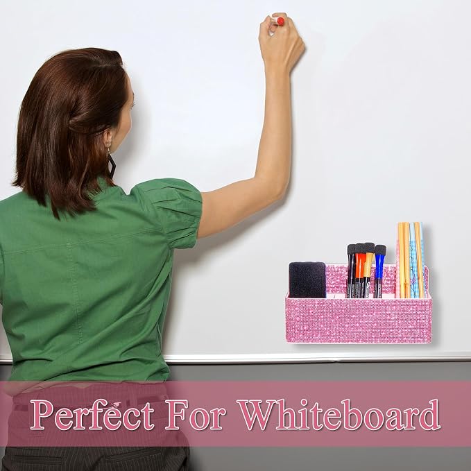 MotiMind Pink Locker Accessories for Girls, Bling Magnetic Pen Holder for Refrigerator, Back to School Rhinestone Marker Holder for Locker, Sparkly Gift for Student (Large,Rhinestone)