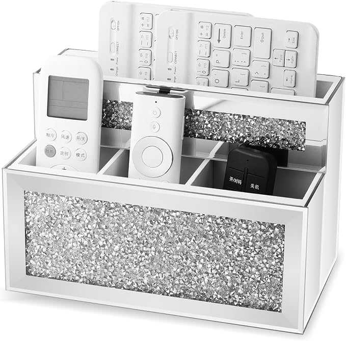 Mirrored Remote Control Holder, Crushed Diamond TV Remote Holder Wall Mount, Desk Organizers and Accessories for Phone, Pad, Pen and Pencil, Remote Caddy