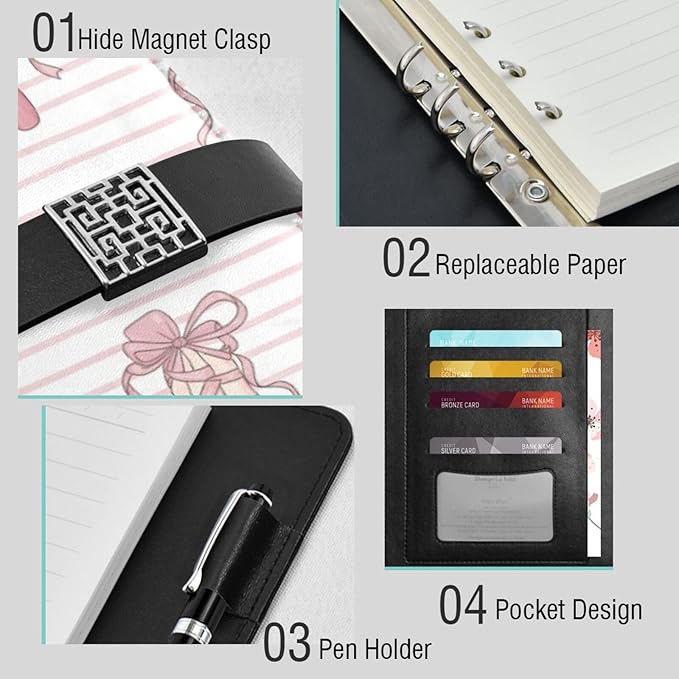 Pink Ballet Ribbons Pattern PU Leather Notebook A5 Binder 6 Ring Refillable Journal with Magnetic Buckle Closure Loose Leaf Travel Office Planner Budget Binder Notepad Portfolio