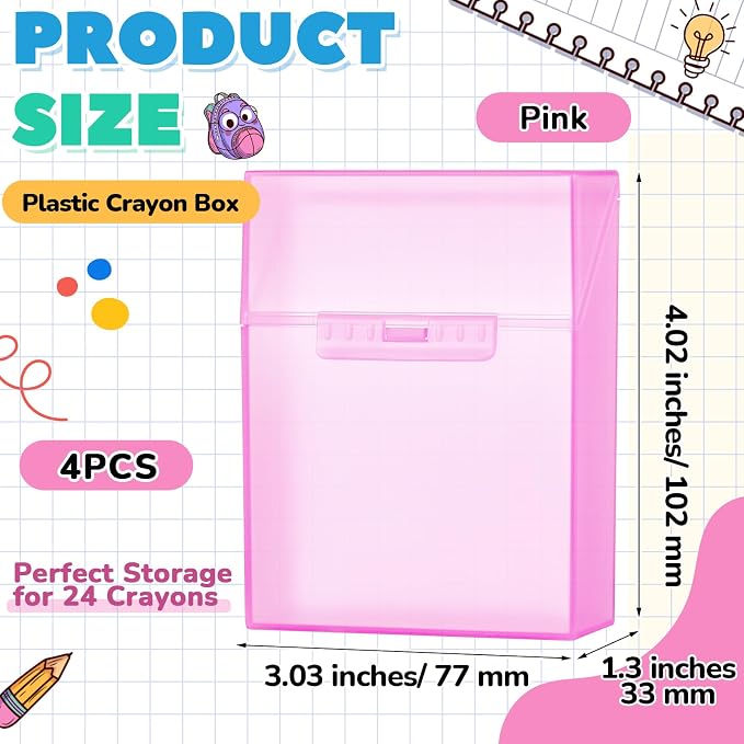 Clabby 4 Pcs Plastic Crayon Organizer Case for 24 Count Crayons Kids Art Supply Storage Box with Lid, Portable Holder for Classroom Home Travel, Fits Standard 24-Pack Crayon (Pink)