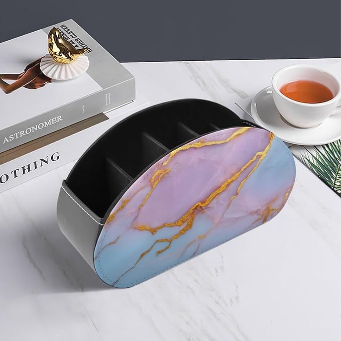 Golden Veins Marble Texture Remote Control Holder with 5 Compartments Leather TV Remote Caddy Remote Storage Box Desktop Organizer for Pen/TV Remotes/Media Controllers/Office Supplies