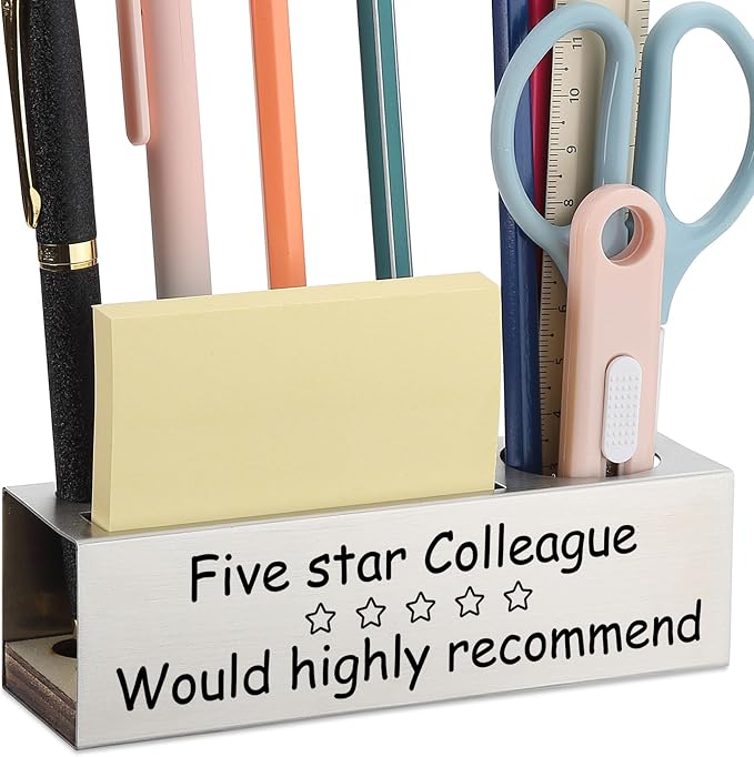 Stainless Steel Pencil Holder with Funny Coworker Quote, Five Star Colleague Thank You Gift for Women Men, Engraved Office Desk Organizer for Pens Sticky Notes Ruler, Work Friendship Decor - FBA395