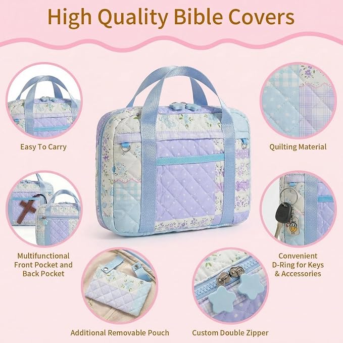 Quilted Bible Cover for Women, Zippered Bible Case with Handle, Bible Organizer Bag w/Multiple Pockets & Pen Slots Lightweight Bible Tote Bag for Church Study, Gifts for Women (Spliced Flower, Blue)