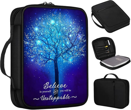 Bible Cover, Glowing Tree Bible Case with Handle and Zippered Pocket Standard Size Holy Bible Bag Women Gifts, Church Bag Portable Bible Carrying Book Case for Bible Study