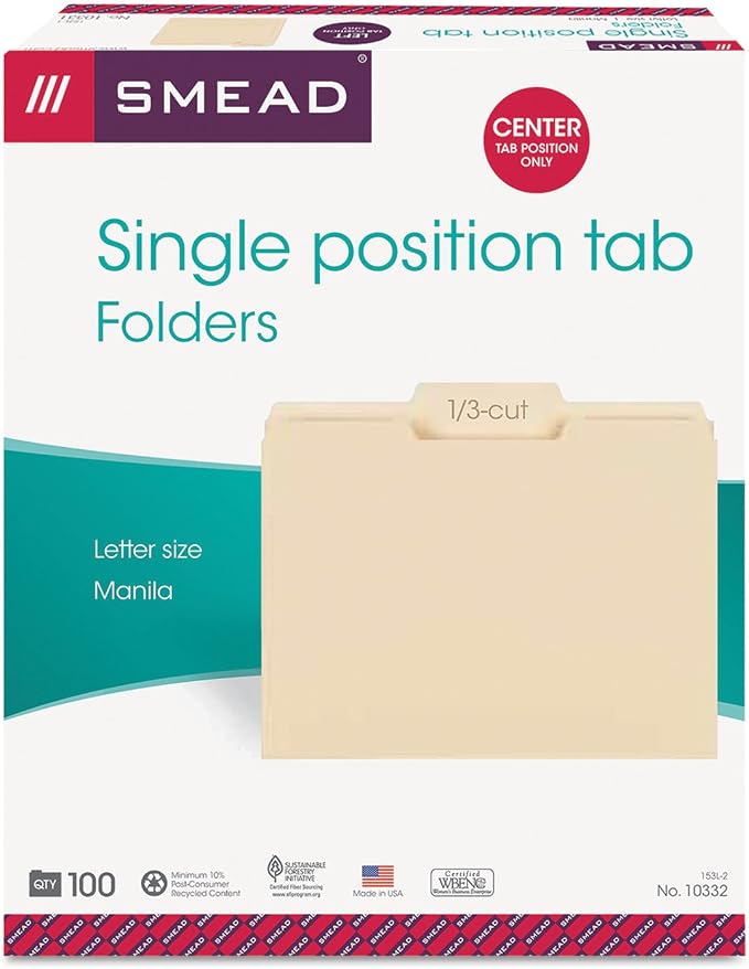 Smead 10332 File Folders 1/3 Cut Second Position One-Ply Top Tab Letter Manila 100/Box