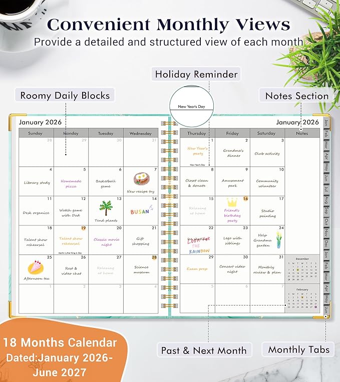 Planner 2026-2027, 18 Months Weekly and Monthly Hardcover Planner, January 2026 - June 2027, 8.5" x 11" A4 Large Daily Calendar Planner Book with Tabs, Spiral Yearly Agenda Organizer Notebook for School Work Home, Teal Marble