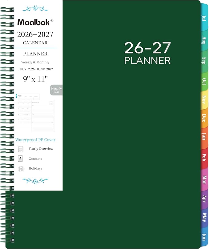 Planner 2026-2027, Academic Planner 2026-2027 - 2026-2027 Weekly and Monthly Planner, A4(9" x 11"), July 2026 - June 2027, Storage Pocket, Daily Agenda Book, College Organizer Notebook, Teacher Student Planning Book with Tabs, Dark Green