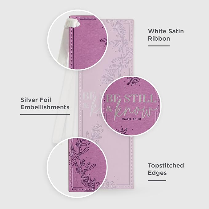 Christian Art Gifts Purple Faux Leather Purple Floral Bookmark for Women: Be Still and Know - Psalm 46:10 Inspirational Bible Verse, Heat-Debossed & Silver Foil Accents with Silky White Satin Ribbon
