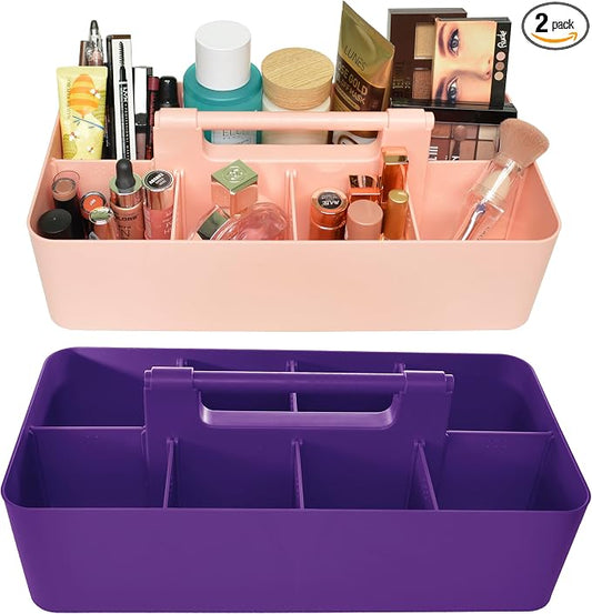 Portable Caddy Organizer -2 Stackable Plastic Caddy with Handle | Desk, Makeup, Dorm Caddy, Classroom Art Organizers (Made In Usa) (Indie Pink/Royal Purple)
