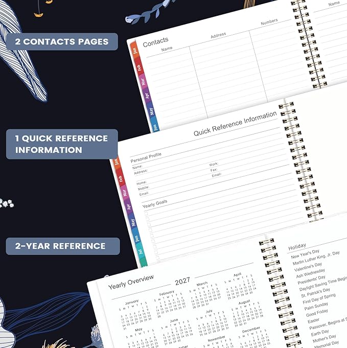 2027 Planner - 2027 Weekly and Monthly Planner, 11" x 9", Jan. 2027 - Dec.2027, Planner 2027 with Colorful Tabs, Premium Thick Paper, Twin-Wire Binding - Floral Black Cover