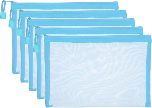 PATIKIL A5 Mesh Zipper Pouch Bags, 5 PCS Mesh Bags with Zipper Plastic Storage Pocket for Organizing File Beads Office Home Supplies, 18x25cm, Sky Blue