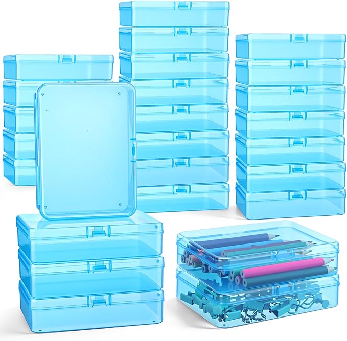 Dunzoom 25 Pcs Plastic Crayon Boxes with Lids, 4.53 x 3.35 x 1.1 Inches Stackable Small Storage Organizer Containers Crayon Pencil Case for Art Crafts Jewelry Beads Office Supplies(Blue)