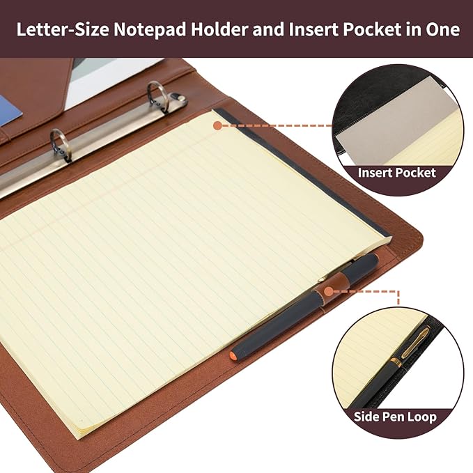 Genuine Leather 3 Ring Binder, 8.5 x 11 Letter Size Folio with Pen Holder, Soft Notebook Portfolio Cover, Slim Notepad Padfolio Thin File Organizer for Work Executive Meeting, Brown, Oil Tanned