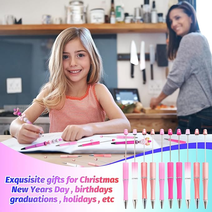 300 Pieces DIY Beadable Pen Kit – 100 Plastic Ballpoint Pens with Refills & Bags – School Supplies, Office Accessories & Decorative Items for Students & Teachers (Pink)