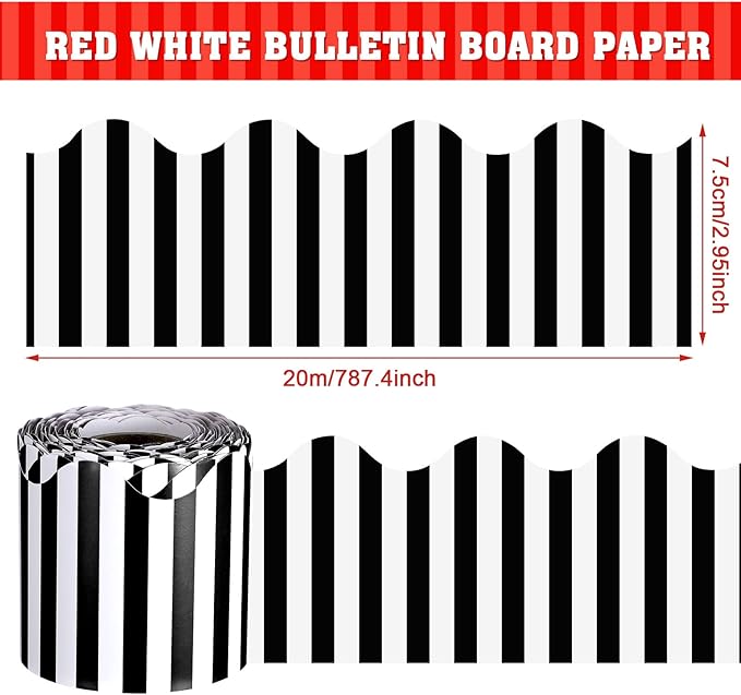 65 Feet Scalloped Bulletin Board Border for Classroom Self Stick Striped Borders Wavy Line Border for Bulletin Cork Board Desk Classroom Party Supplies Decor(Black and White Stripes)