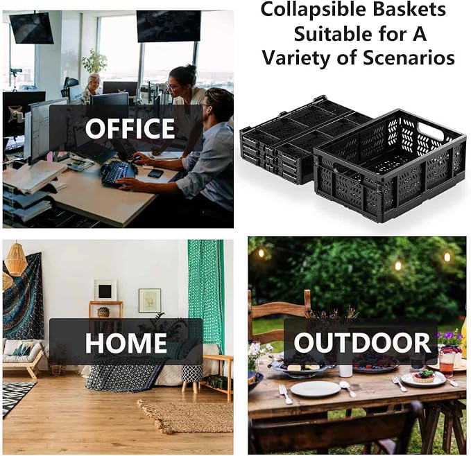 4-Pack Plastic Storage Crates,20L Foldable Baskets,Collapsible Crates, Storage Baskets and Bins for Toys, Home Storage, Office Products, Gifts(Black)