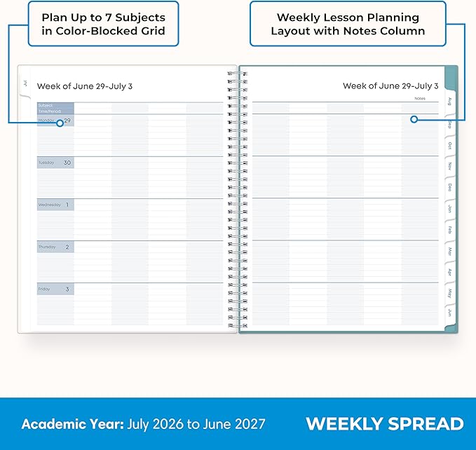 Blue Sky 2026-2027 Weekly and Monthly Academic Year Teacher Lesson Planner Calendar, July 2026 - June 2027, 8.5" x 11", Clear Pocket Cover, Wirebound, Laminated Tabs, Storage Pocket, Dots