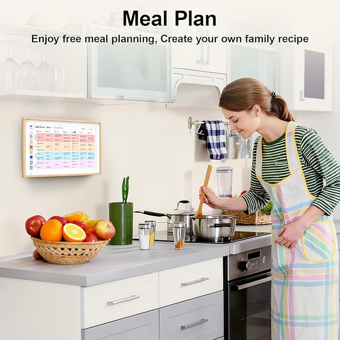 Digital Calendar 15.6" Digital Wall Planners for Family Schedules, Electronic Calendar with 1920*1080 Interactive Touchscreen, Digital Photo Frame Built-in 64GB Memory, Smart Calendar-Wooden
