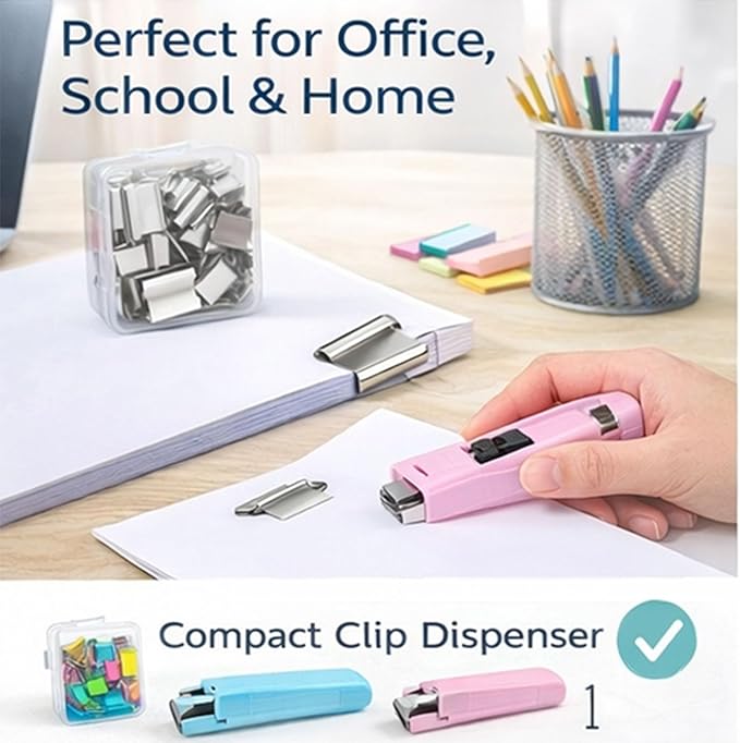 Portable Binder Clip Stapler - Includes 50 Reusable Clips Desktop Push Stapler Binder Clip Paper Clamps Handheld Reusable Push Paper Dispenser for Document School Office (2PCS E)