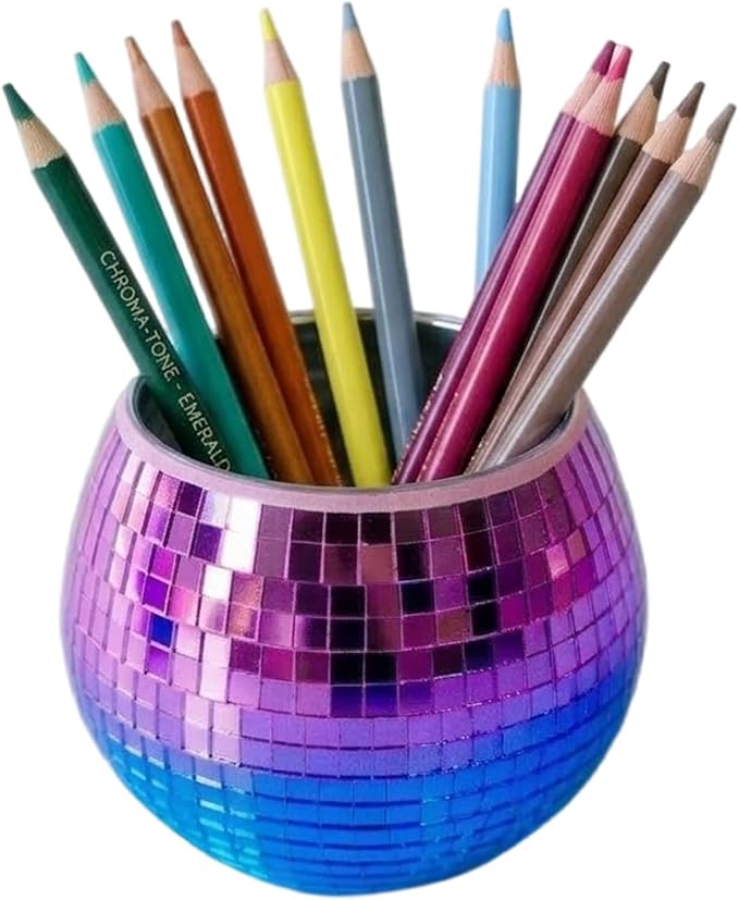 Disco Ball Pencil Holder for Desk - Cute Office Decor & Makeup Brush Organizer, 4.7 Inch Sparkly Glass Pen Cup, Fun Desk Accessories for Women (RAINBOW)