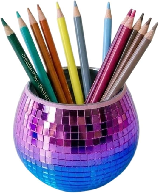 Disco Ball Pencil Holder for Desk - Cute Office Decor & Makeup Brush Organizer, 4.7 Inch Sparkly Glass Pen Cup, Fun Desk Accessories for Women (RAINBOW)