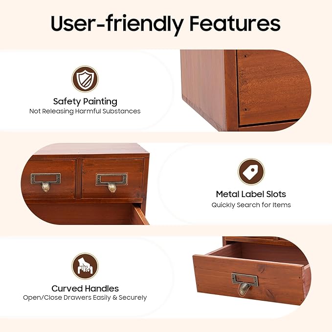 6 Vintage Desktop Storage Cabinet, Vintage Desktop Organizer Wood Desktops Organizers Library Card Catalog Cabinet with Metal Handles & Label Slot for Herb Storage Tea Collection Stationery Jewelry