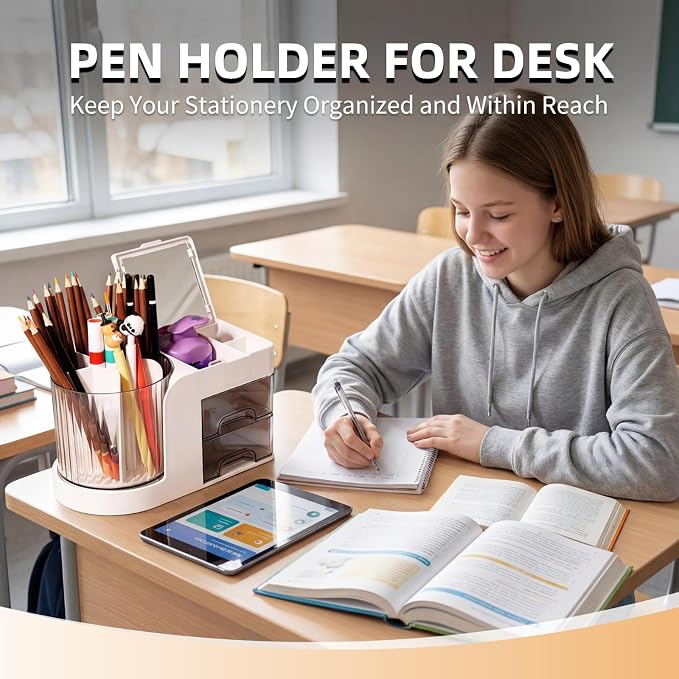 Desk Organizer with 2 Drawer, 360°Rotating Pencil Holder for Desk , Multi-Functional Makeup Organizer, Workspace organizers for School, Home, Office Supplies, Desk Organizers and Accessories