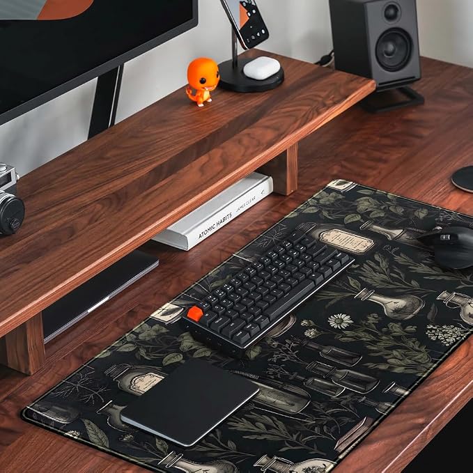 Black Aesthetic Desk Mat - Vintage Large Gaming Flower Mouse Pad XXL Plant Wildflower Mousepad Extended Laptop Computer Keyboard Mat for Women Girl Office Decor 31.5x15.8 in