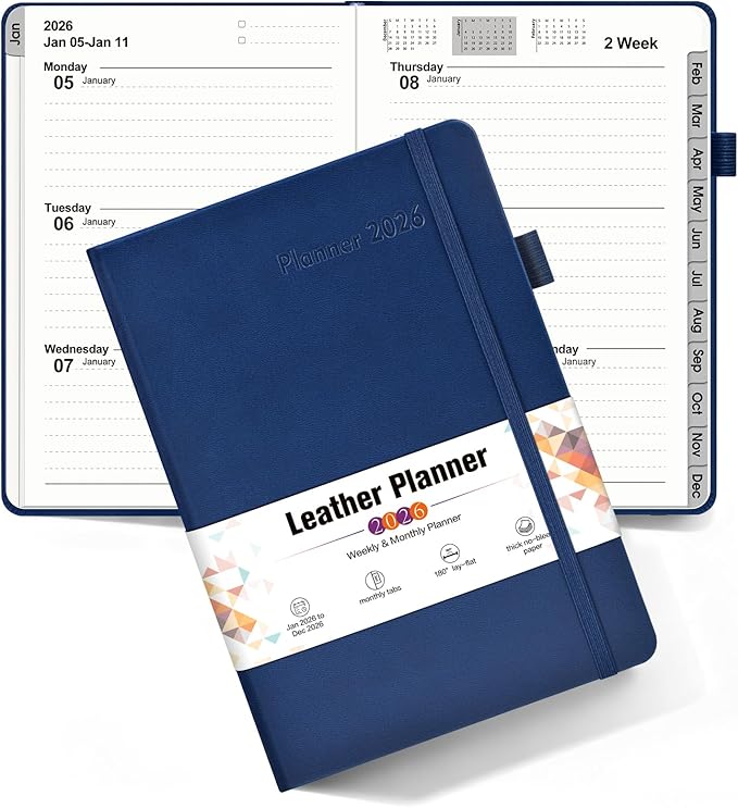 2026 Weekly & Monthly Planner, 12 Months Hardcover Planner from January 2026 - December 2026, Leather Agenda Organizer Book 2026 with Tabs, Daily Calendar Planners for Work School Home, A5 (5.75" x 8.38"), Navy