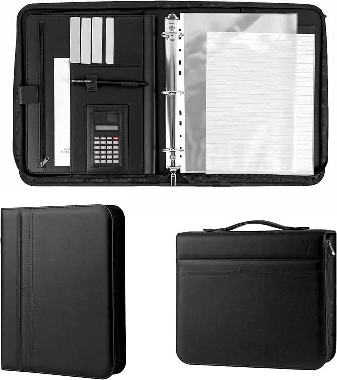 3-Ring Padfolio Portfolio Organizer Binder,Faux Leather Interview Resume Folder,Letter Size A4 Legal Writing Pad Holder for Business School Office Conference Notepad Clip Boards (Black)