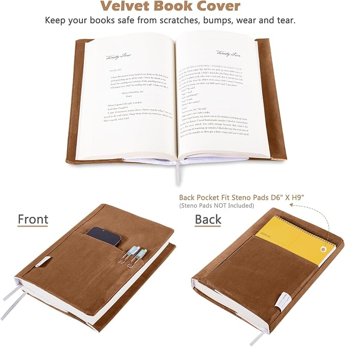 APLUFINE Velvet Book Cover for Paperbacks, Reusable Fabric Book Cover with Pockets, Adjustable Book Protector for Softcover Books, Journals & Bibles