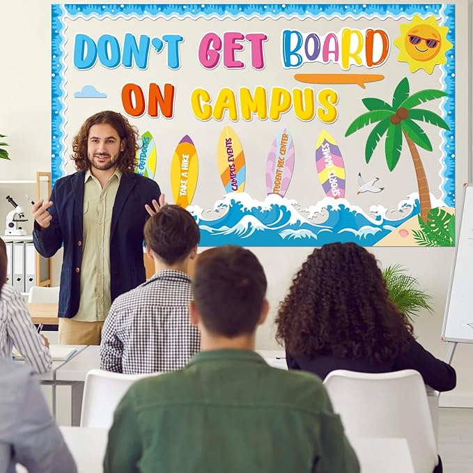 Summer Bulletin Board Set Summertime Classroom Decoration Don’t Get Board on Campus Bulletin Boards Hawaiian Theme Tropical Surfboard Beach Paper Cutouts for Summer School Home Chalkboard Wall Decor