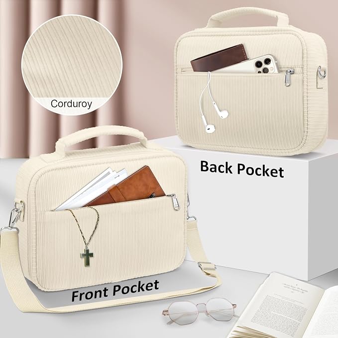 FINPAC Large Bible Cover w/Shoulder Strap, Carrying Book Case Church Bag Bible Protective w/Pen Slots and Zippered Pocket, Gift for Women Lady, Corduroy Beige