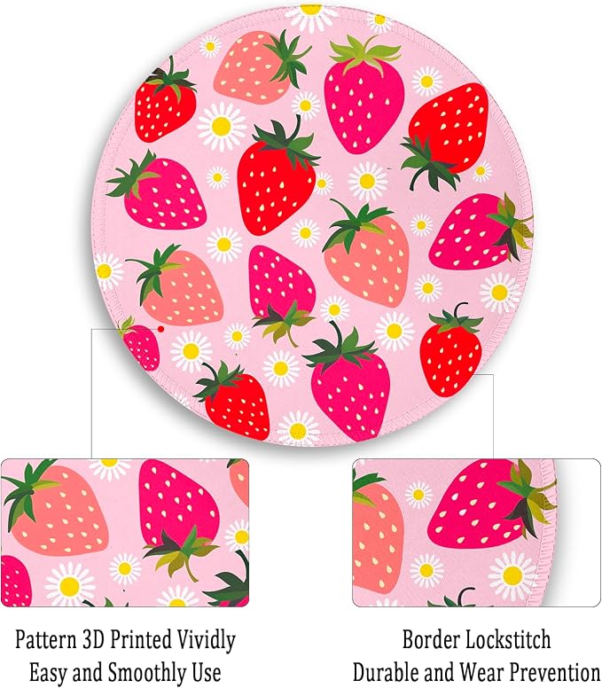 Gctriki Strawberry Mouse Pad, with Stitched Edge Non-Slip Rubber Base, Small Round Comfortable Computer Mousepad for Laptop Gaming Work, Pink Office Desk Accessories for Her