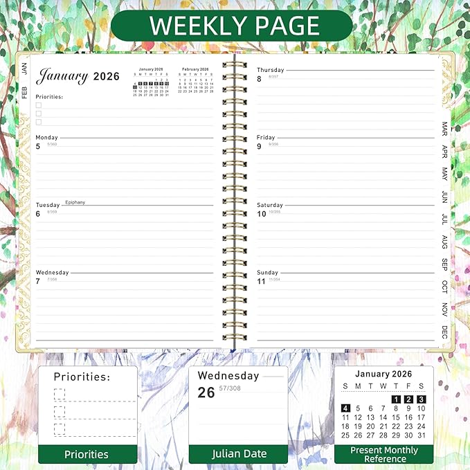 2026 Planner, Jan.2026 - Dec.2026 Planner Weekly and Monthly 6.25"x8.5" with Page Tabs, Calendar Hardcover with Inner Pocket, Elastic Band, Twin-Wire Binding, Bookmark, Color tree