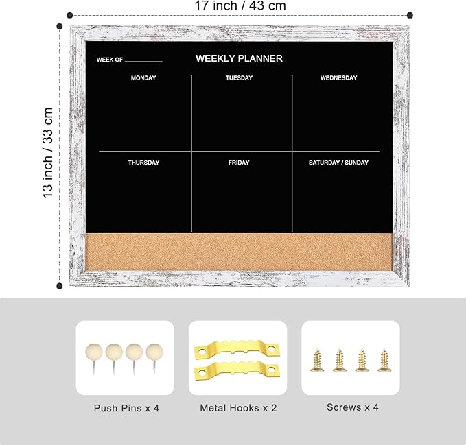 ZHYL Magnetic Weekly Calendar & Memo Board, Combination Chalkboard & Cork Board, Whitewashed Wood Framed Calendar (ZHYL-WH,4333)