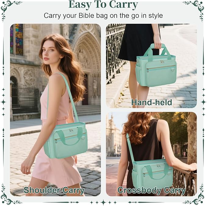 Large Bible Cover Case for Women, Bible Cover with Book Sleeve, Thick Padded Bible Case, Working Bible Tote Bag with Laptop and Bottle Pockets, Church Bag, Bible Bags for Women, Girl, Green